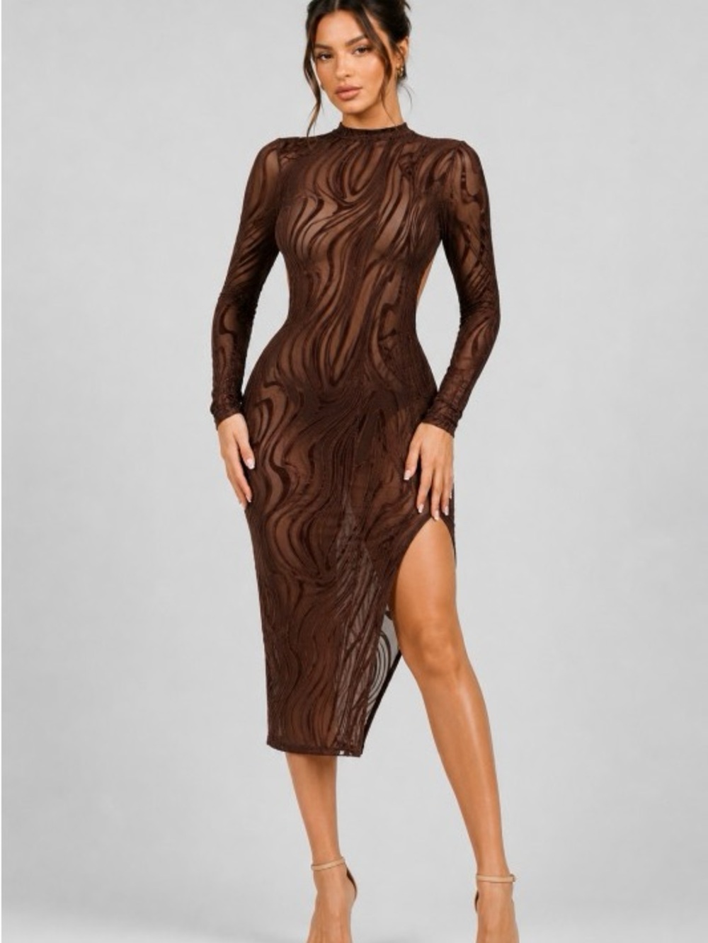 Sheer Textured Long Sleeve Midi Dress in Brown MPD1150